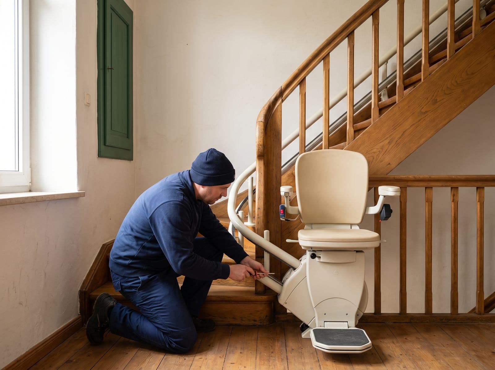 Servicetechniker kniet neben der Schiene eines Sitzlifts am Fuß einer Holztreppe und prüft das Antriebsgehäuse
